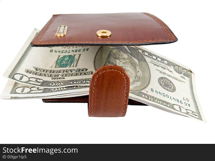 Brown leather wallet and fifty dollars denominations