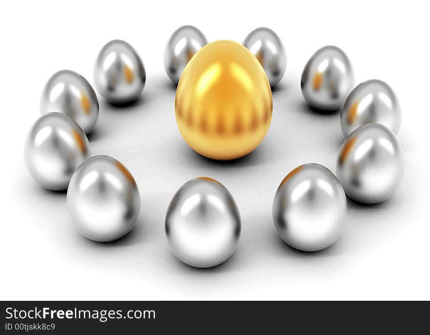 Silver and golden eggs on white