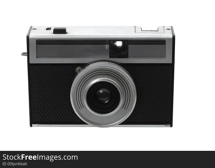 Old vintage photo camera on white background