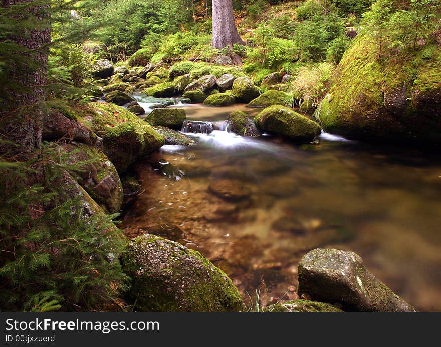 The water of a torrent flow between mountain rocks