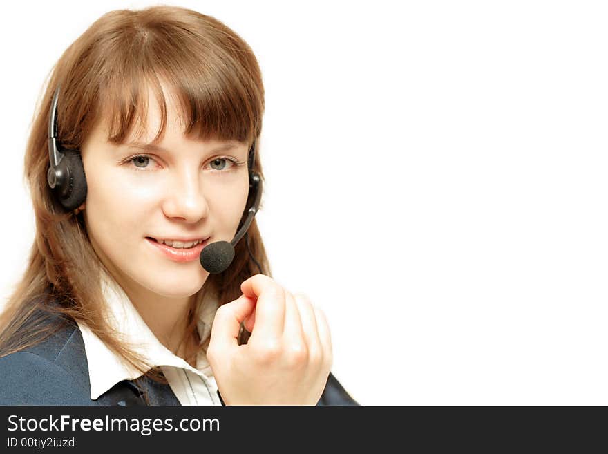 Smiling young girl with microphone over white background. Smiling young girl with microphone over white background