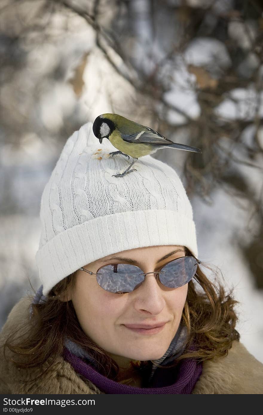 Great Tit alighted on girl's head. Great Tit alighted on girl's head