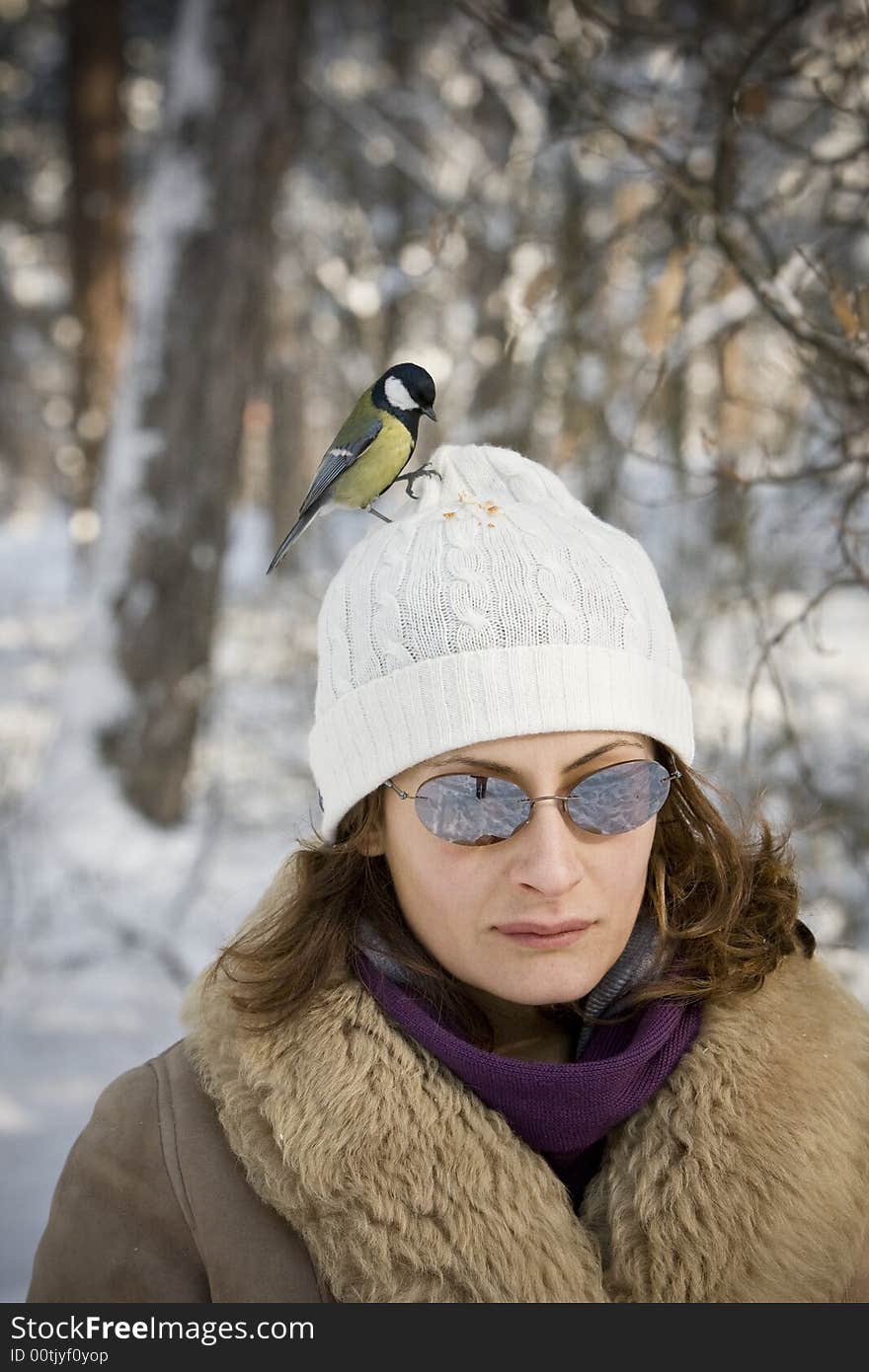 Great Tit alighted on girl's head. Great Tit alighted on girl's head