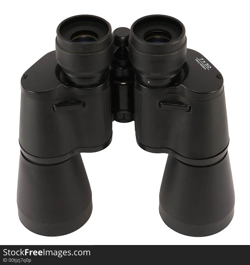 Black binoculars from sideways, isolated on white background.