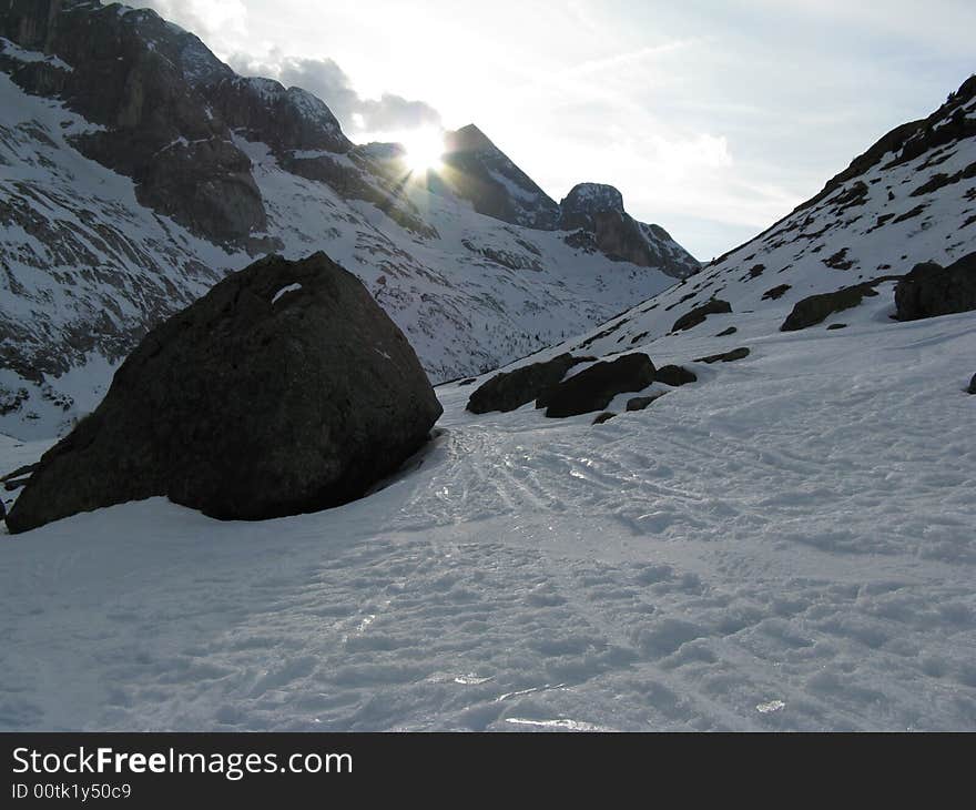 Marmolada at sunset on a winter day, near Passo Fedaia. Marmolada at sunset on a winter day, near Passo Fedaia