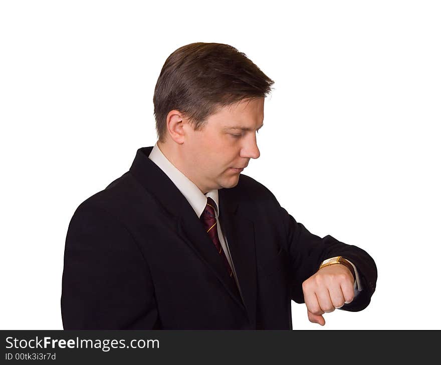 Businessman looking at watch, isolated on white background