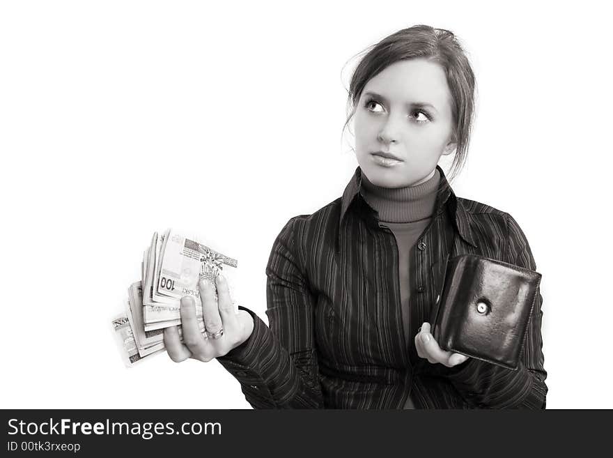 Young woman is giving money