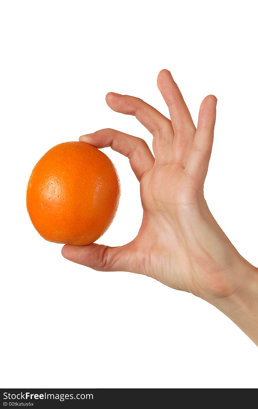 Orange in hand isolated white background