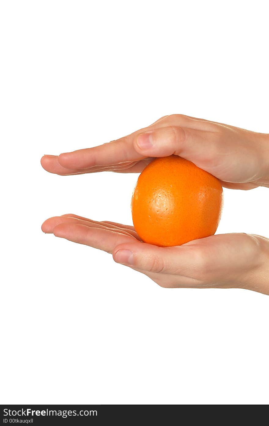 Orange in hand isolated white background