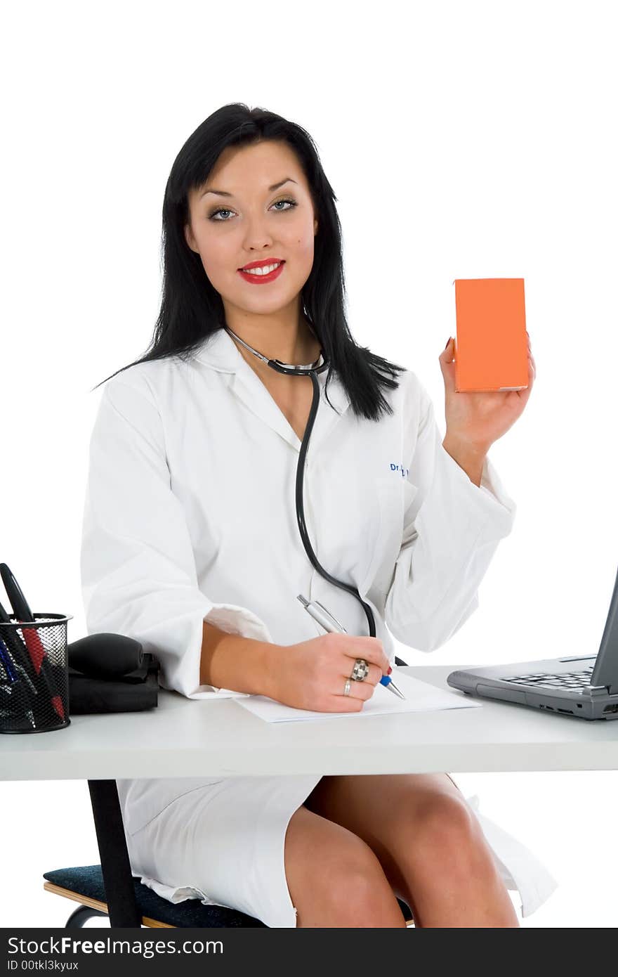 Young doctor with stethoscope on white background