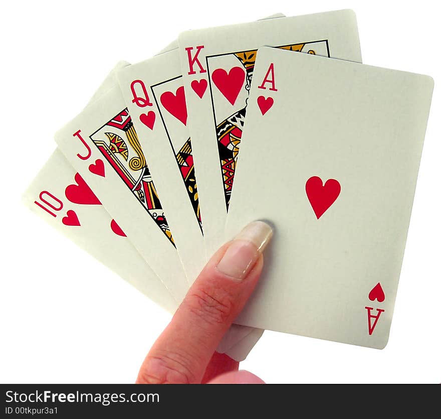 Lady with a royal flush in hearts