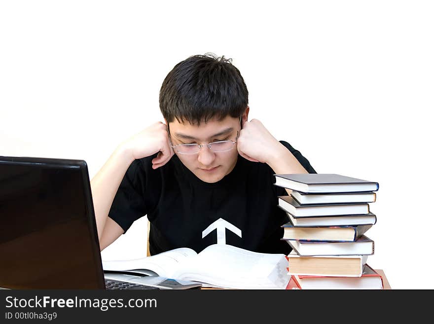 Student is lost in meditation on white background