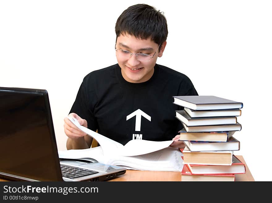 Student on reading on white background