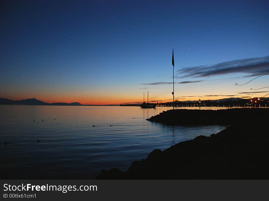 At nightfall in a fishing port