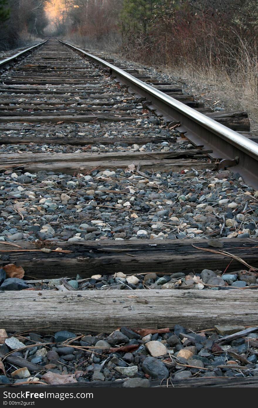 A set of railroad tracks trailing off into the distance.