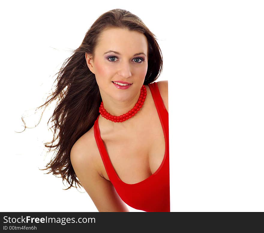 Portrait of a beautiful woman holding a blank billboard.