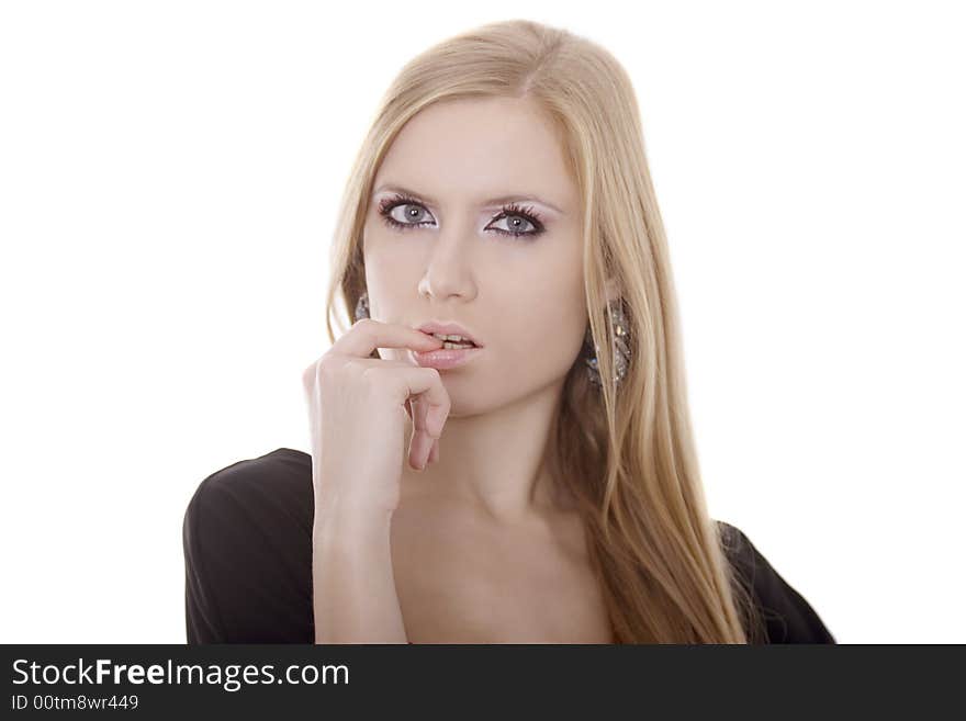 Nice blonde touches her lips on white background. Nice blonde touches her lips on white background