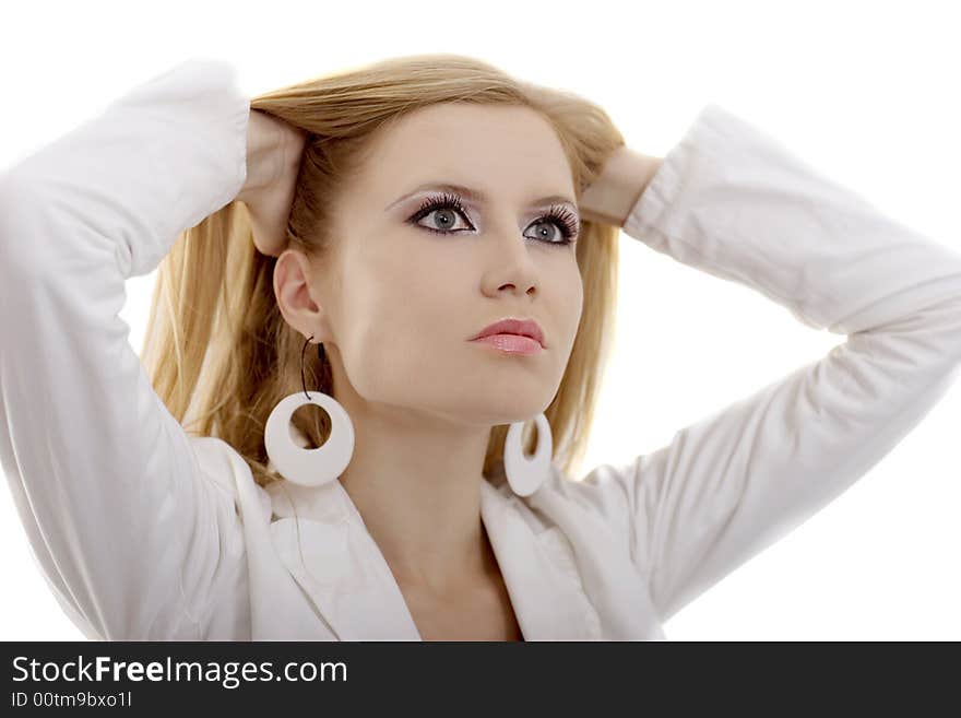 Cute woman touching her blond hair. Cute woman touching her blond hair