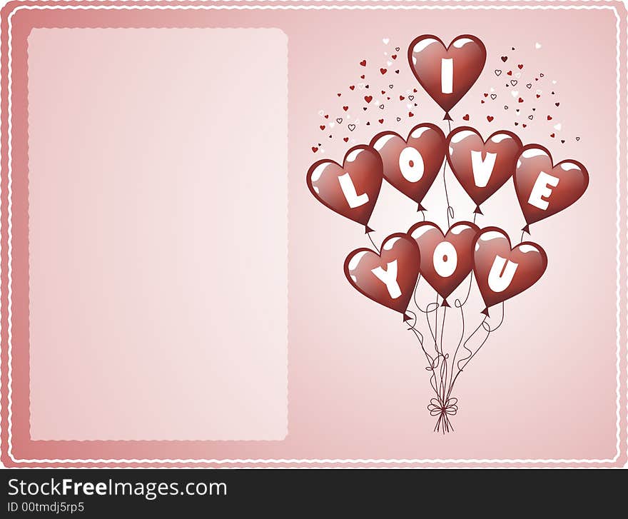 Card with heart-shaped balloons with I love you text and empty place to add your own text. Card with heart-shaped balloons with I love you text and empty place to add your own text