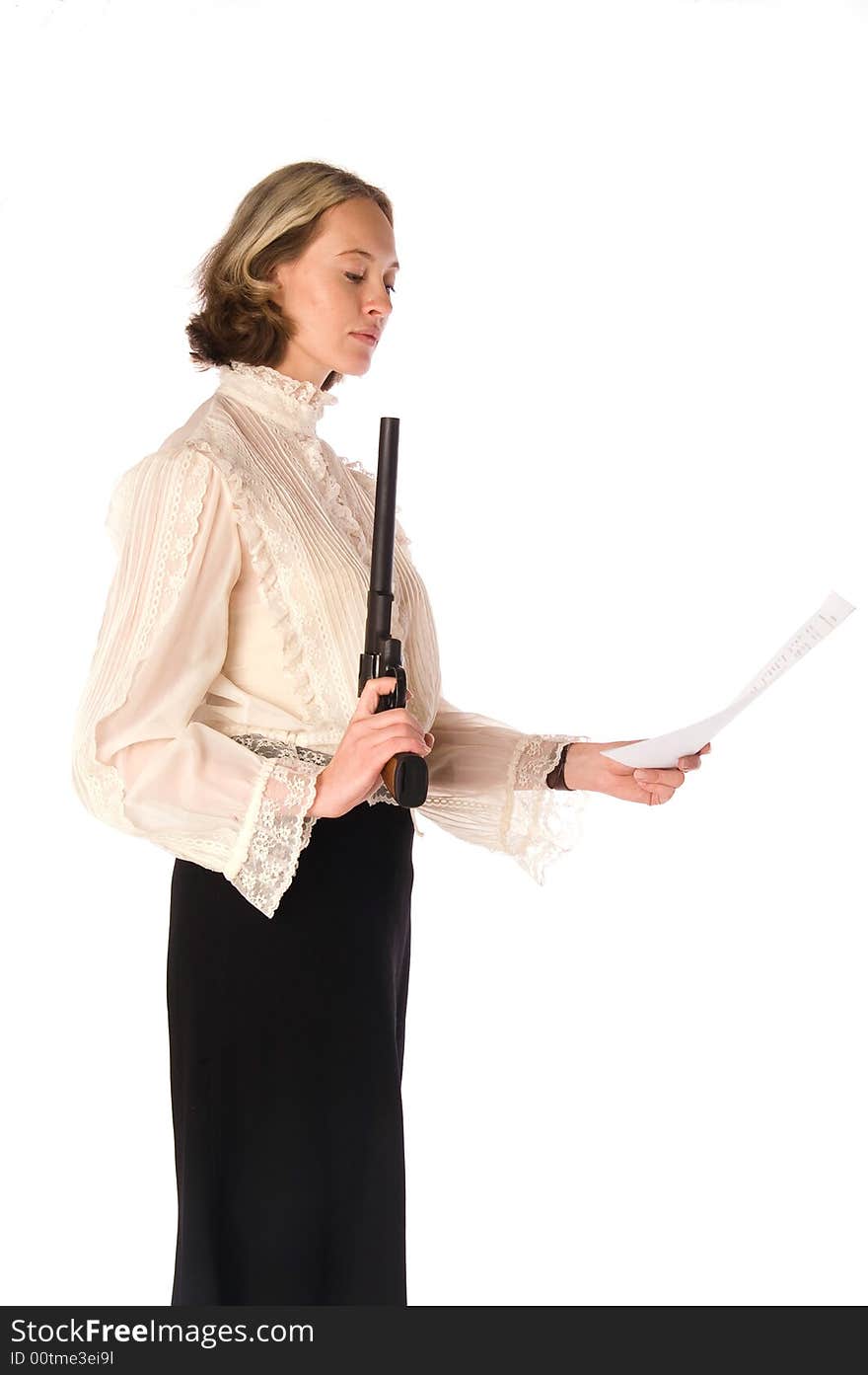 Resolute Woman With Gun And Papers