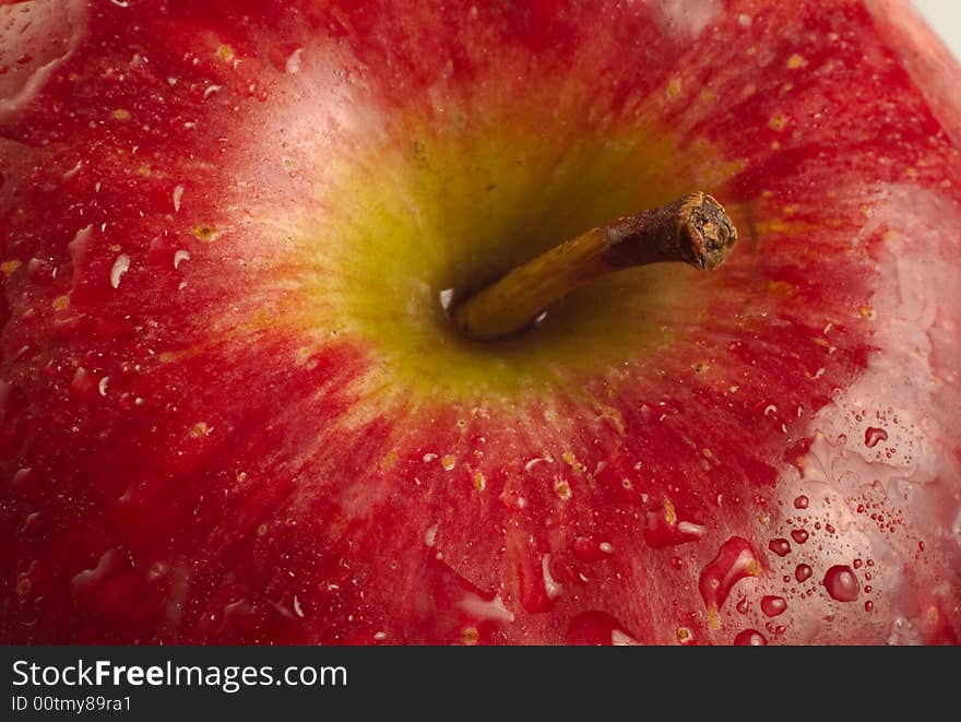 Close up red apple with water droplets