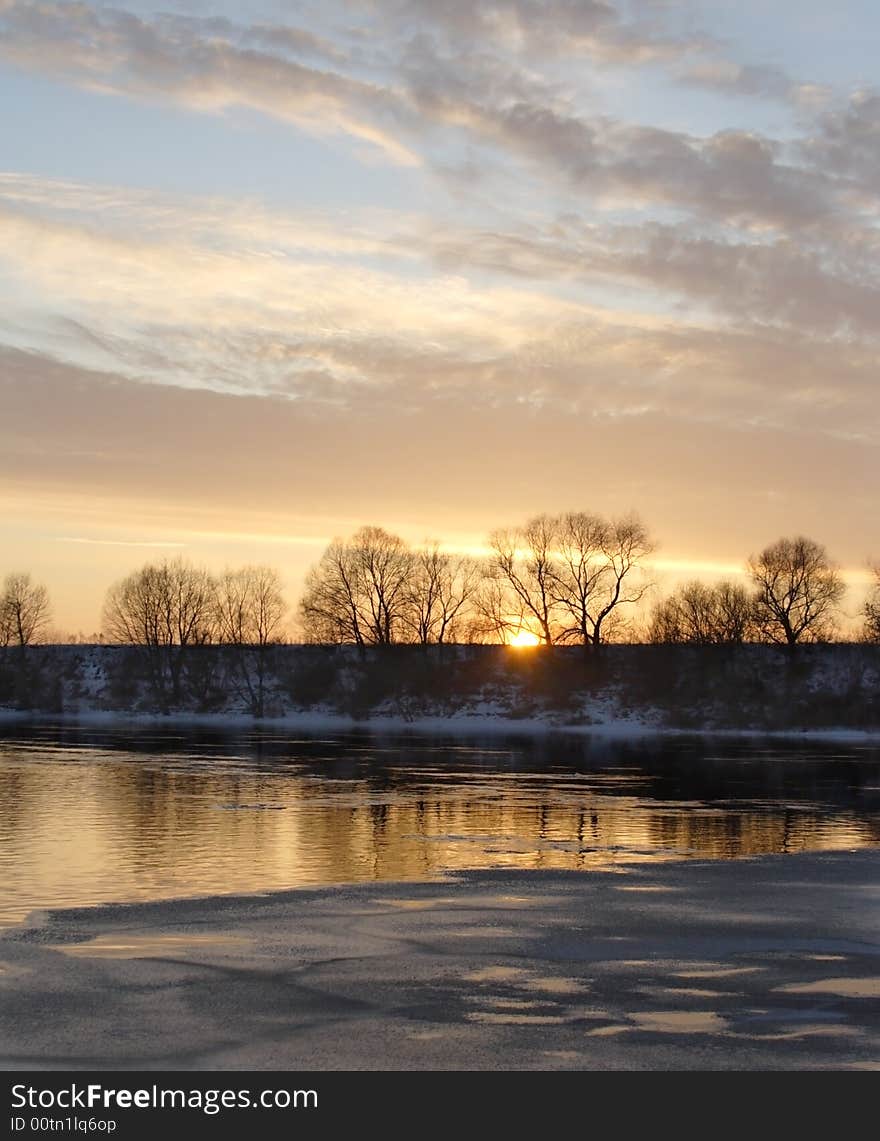 Winter river sunset