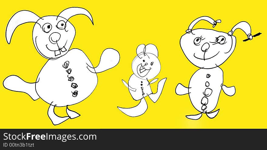 Childs Drawing of the happy family of Rabbits against the yellow background