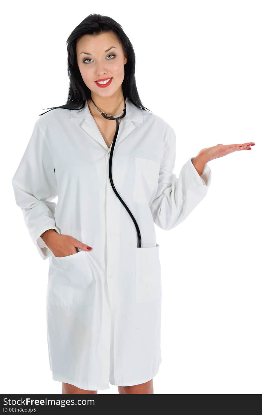 Young doctor with stethoscope on white background