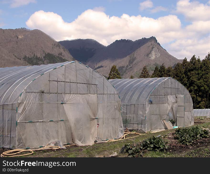 Glasshouses in a rural mountain region in the very early spring season.