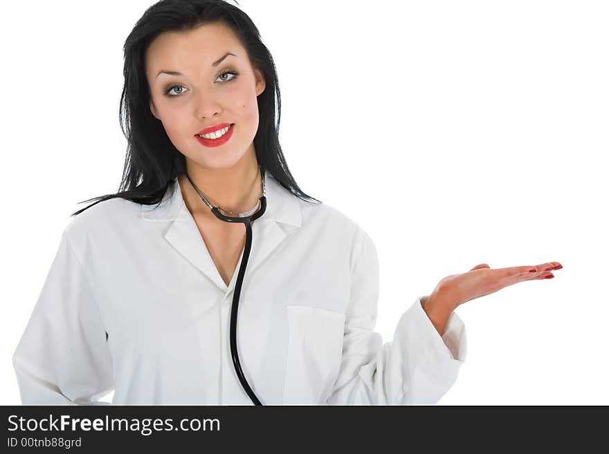 Young doctor with stethoscope on white background