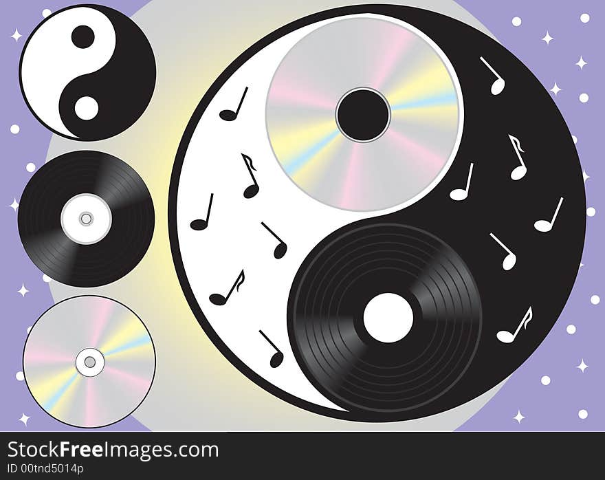 Symbol yang  and yin - cd and vinyl, black and white, vector illustration. Symbol yang  and yin - cd and vinyl, black and white, vector illustration