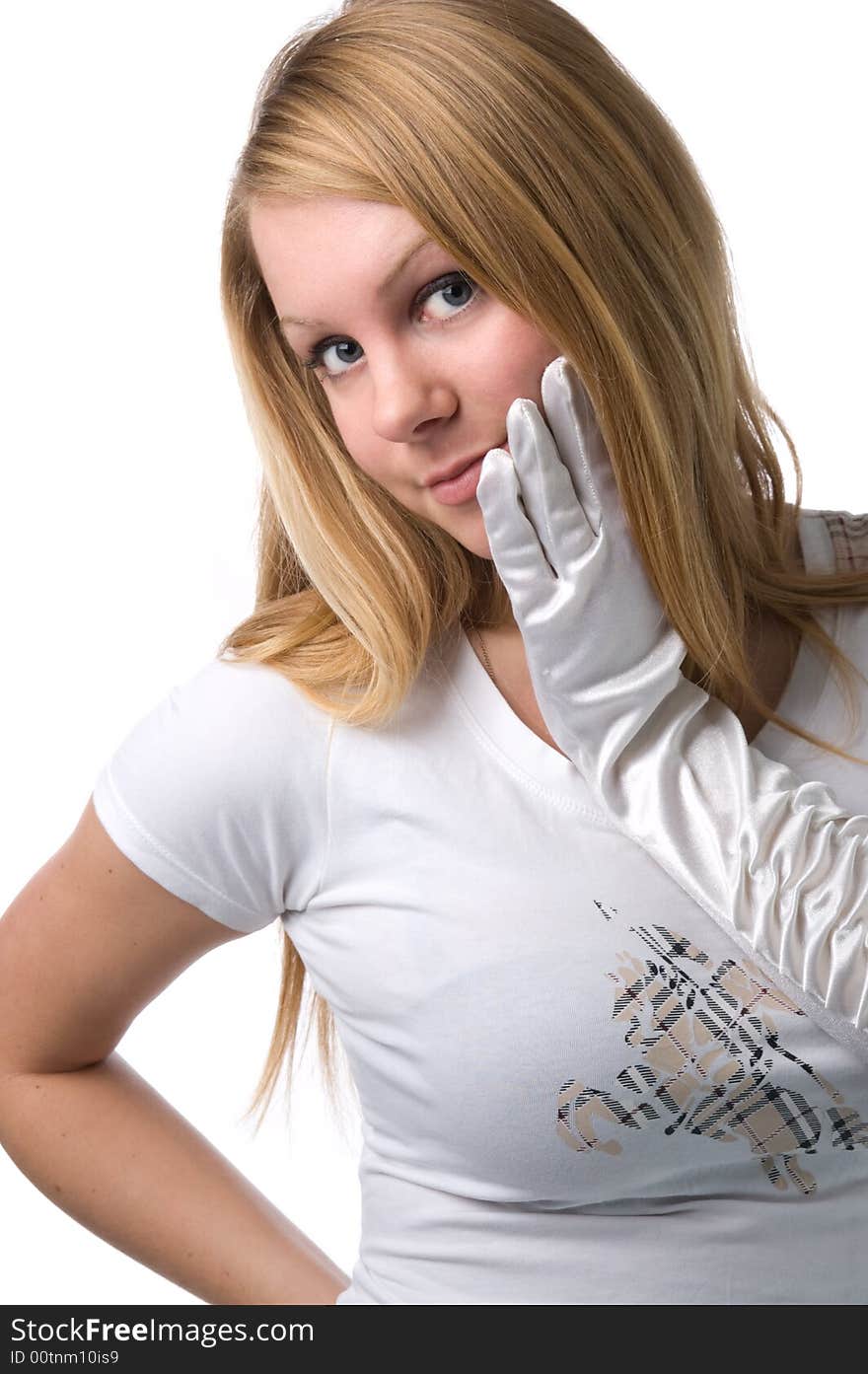 The smiling blonde isolated on a white background.