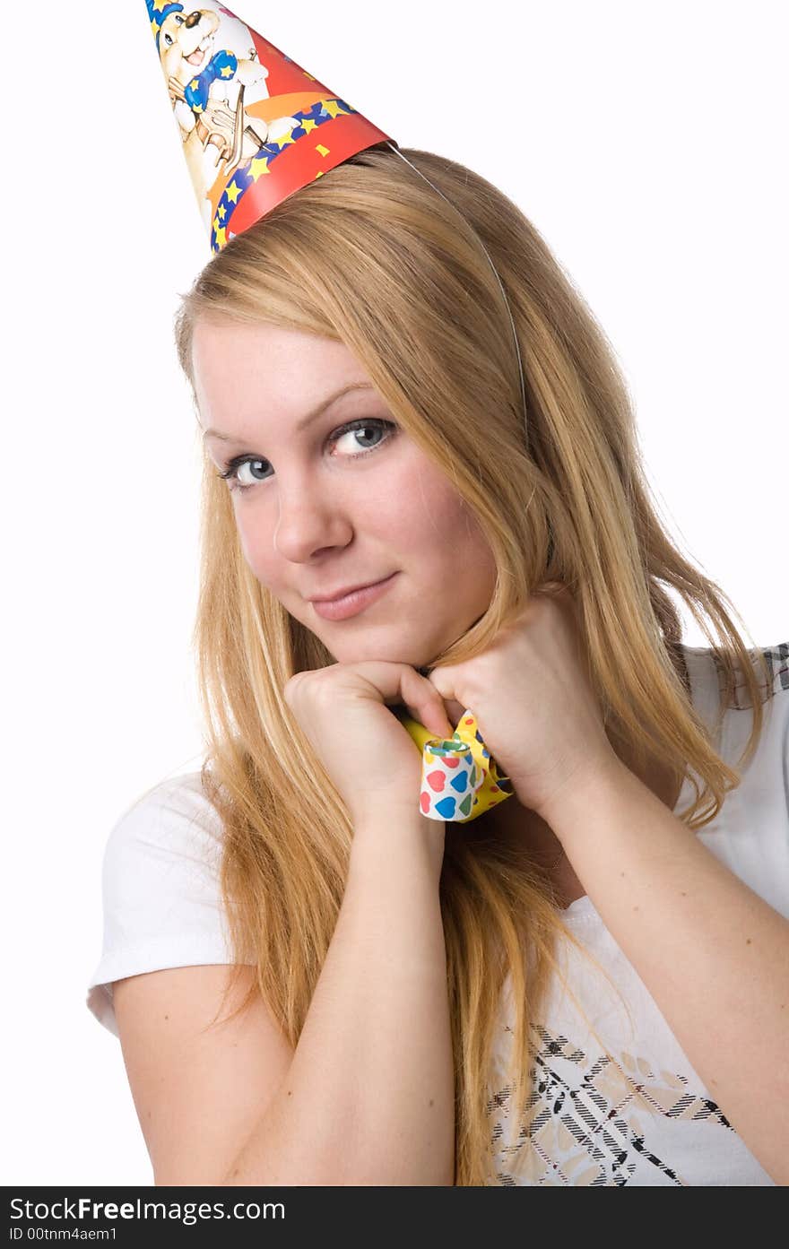 The smiling blonde in a cap isolated on a white background.