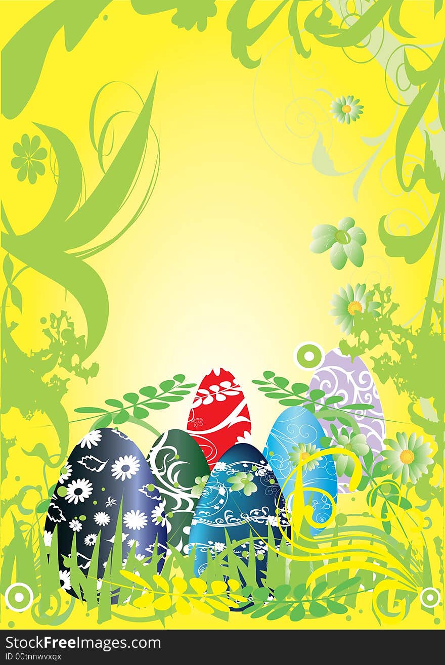 Beautiful easter eggs on yellow background