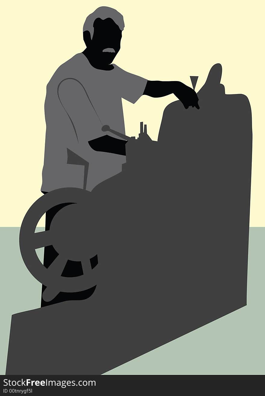 Silhouette of worker with lathe