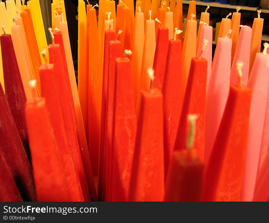 Display of colorful candles in a workshop. Display of colorful candles in a workshop