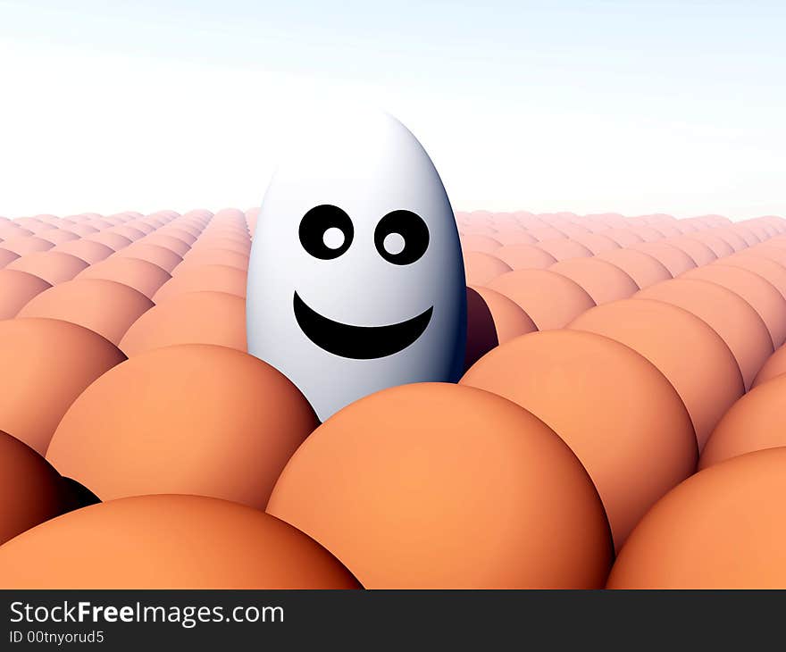 A conceptual image of a unique humorous egg creature, that is with a pile of conformist identical eggs. A conceptual image of a unique humorous egg creature, that is with a pile of conformist identical eggs.