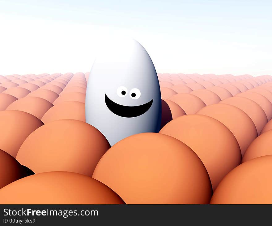 A conceptual image of a unique humorous egg creature, that is with a pile of conformist identical eggs.
. A conceptual image of a unique humorous egg creature, that is with a pile of conformist identical eggs.