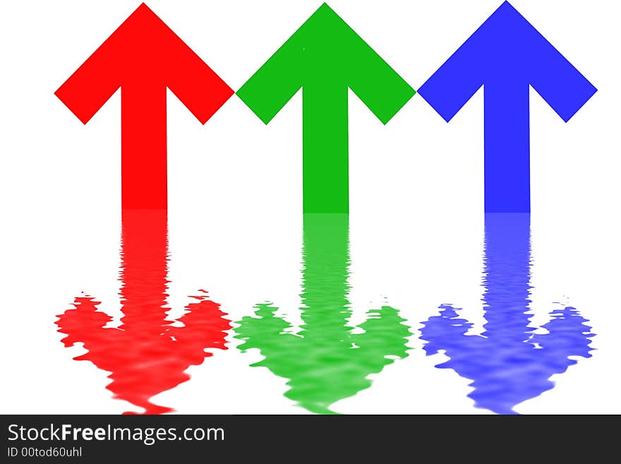 Blue, green and red arrows reflected in water, in white background - business symbols