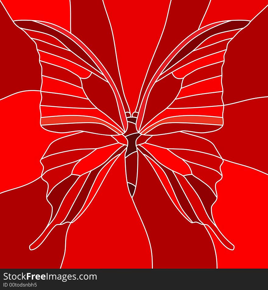 Bright red butterfly compiled of stained glass. Bright red butterfly compiled of stained glass