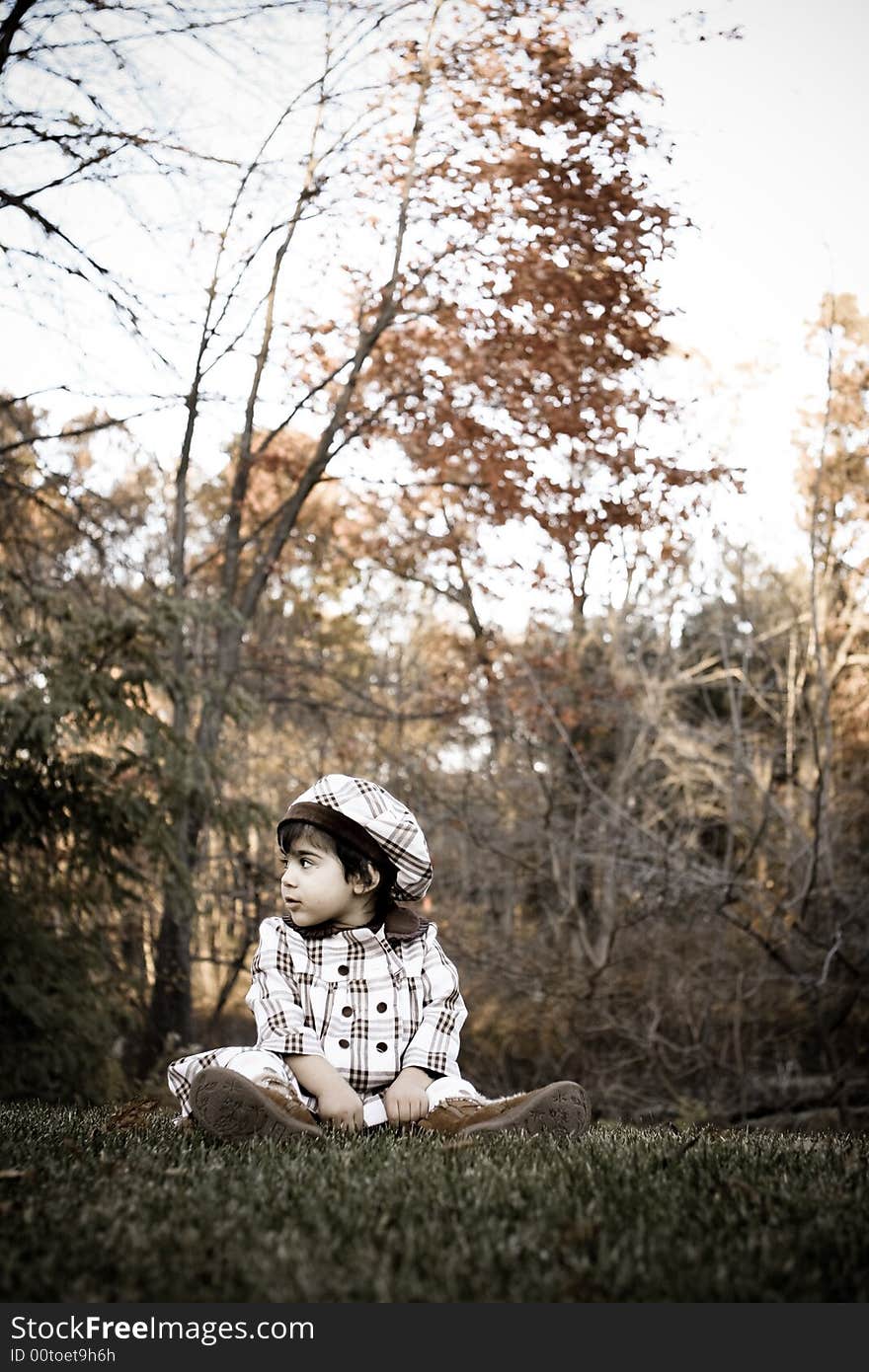 Two year old sitting on grasses with beautiful fall colors in the background. Two year old sitting on grasses with beautiful fall colors in the background
