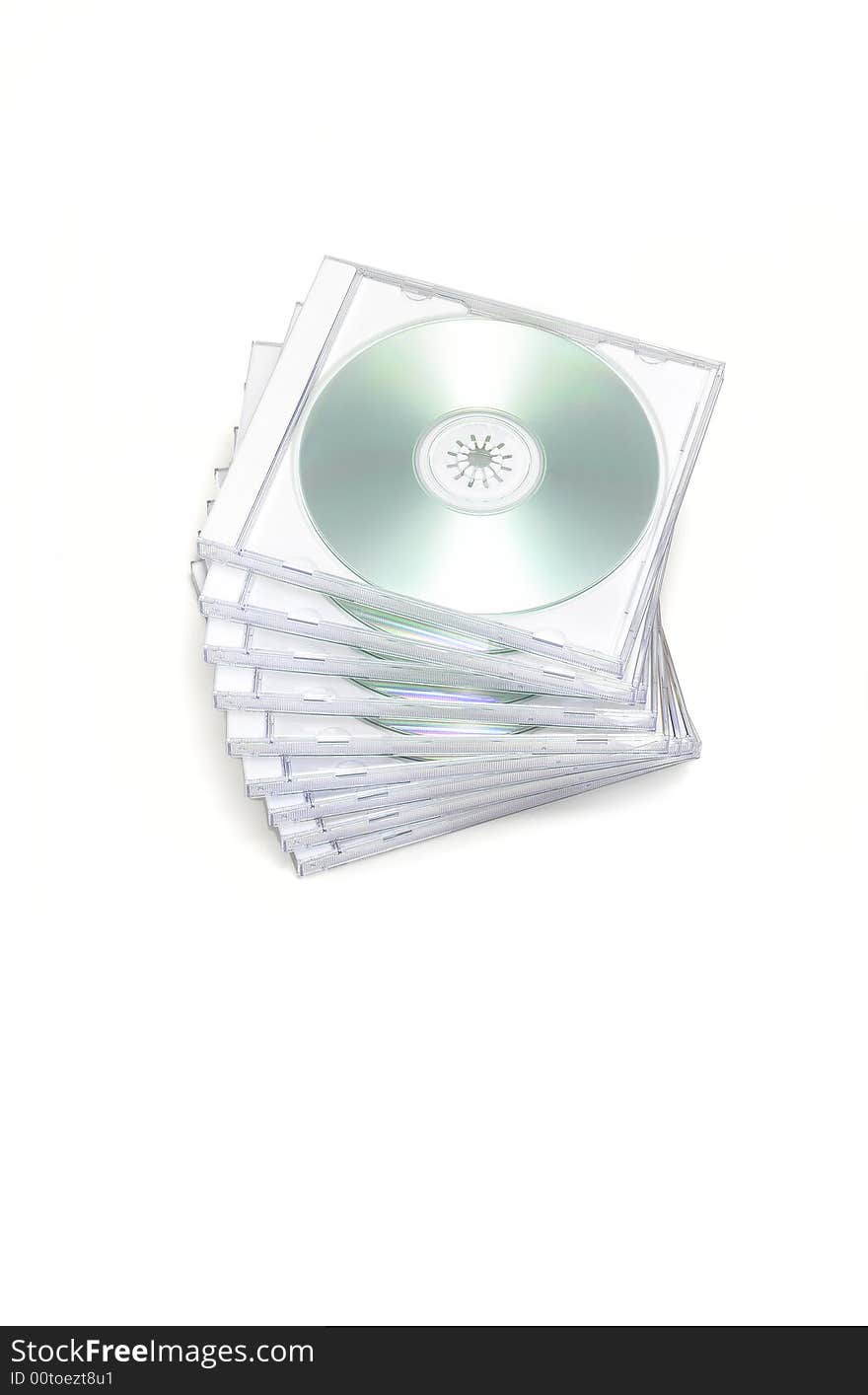 Neat stack of cd jewel cases on white background