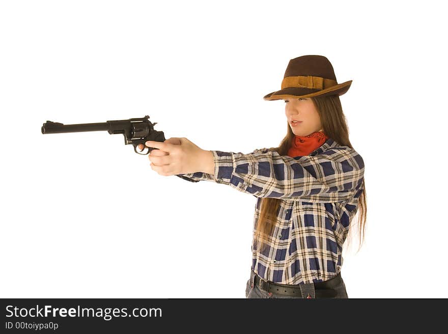 An isolated photo of a cowgirl with a gun