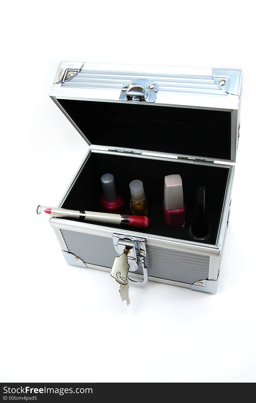 Beauty chest with cosmetic on white background