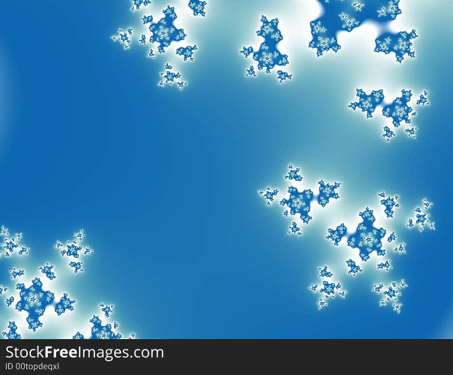 Abstract fractal shapes create snowflake pattern on soft blue gradient background. Abstract fractal shapes create snowflake pattern on soft blue gradient background.