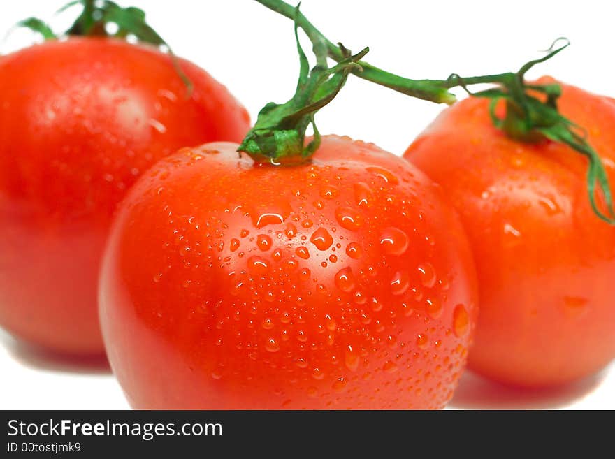 Close-up three red tomatoes with waterdrops, isolated on white