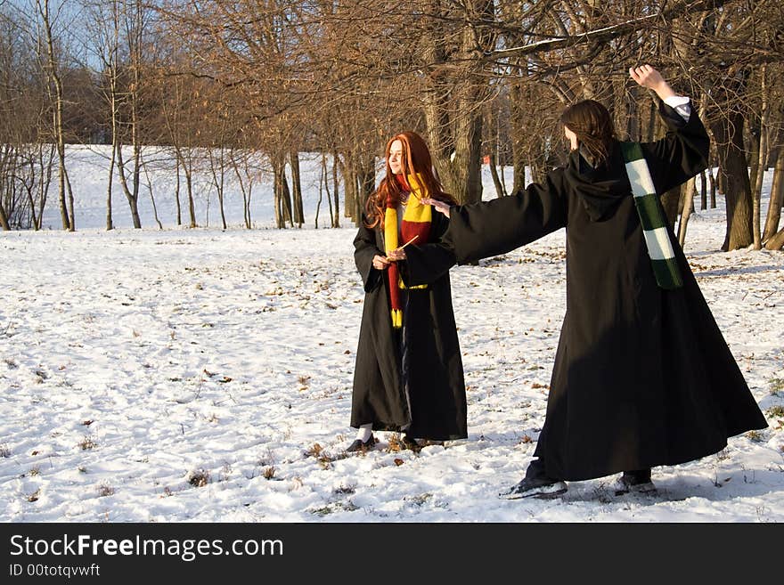 Winter morning: students  near schoolhouse