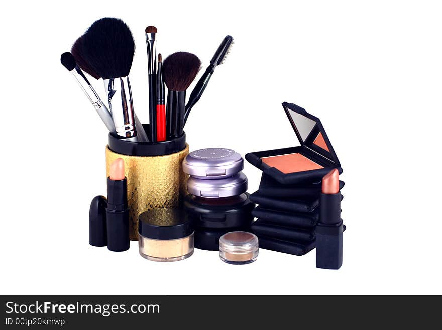 Eyeshadow and blush makeup display on a white background