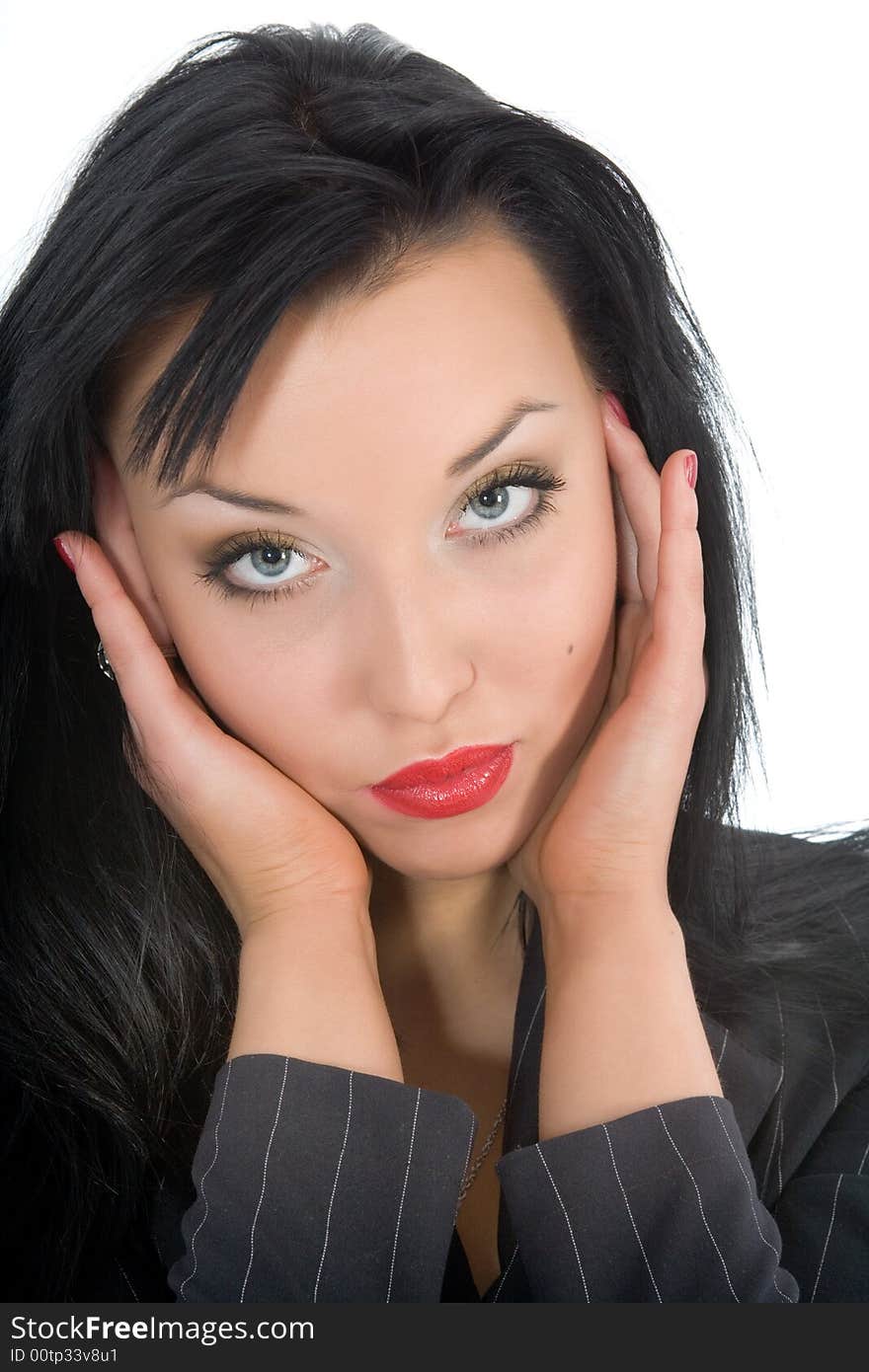 Portrait of the brunette with blue eye on white background