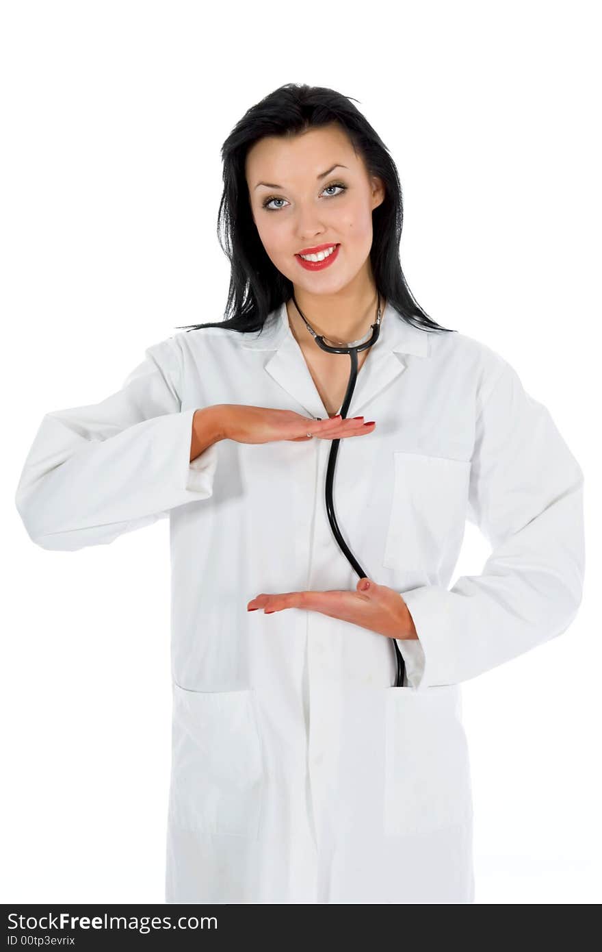 Young doctor with stethoscope on white background